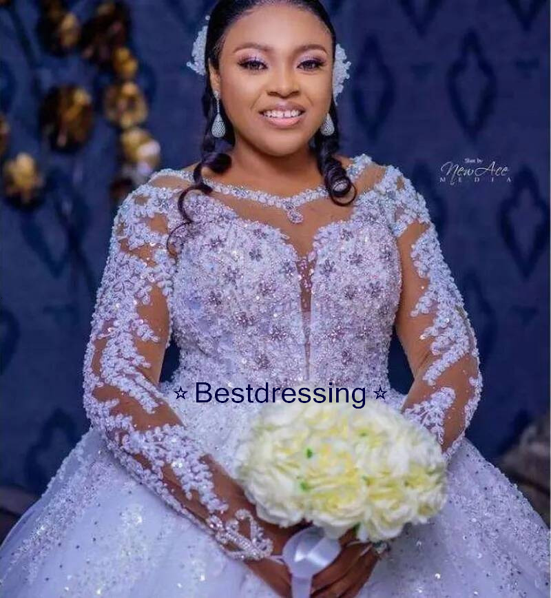 African Wedding Dress Cathedral Scoop Crystal Lace Appliqued Plus Size Bridal Gown Vestidos Novia Custom Made Robe De Mariage Bd019