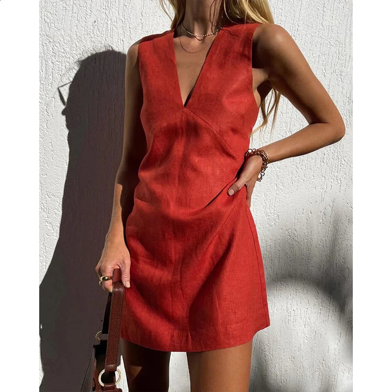 Cotton Linen Womens Dresses Sexy V-Neck Sleeveless Basic Tank Dress Chic Elegant Ladies Dresses Summer Sale Vestidos Para Mujer 261014