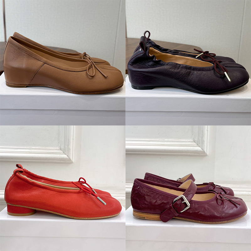 New Elite Designer 2026 Womens 100% Genuine Leather Tabi Ballet Flat Shoes Split Toe Bow Knot Mary Jane Luxury Soft Leather Ballerina Loafers Low Bl