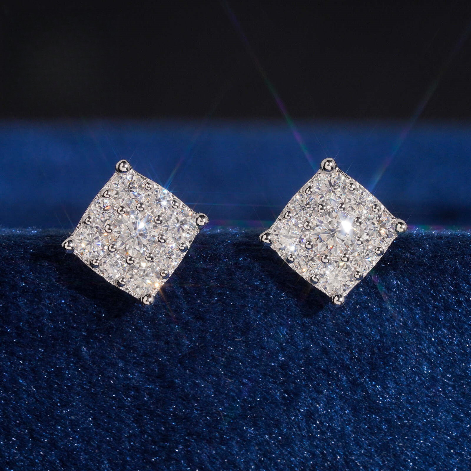 hip-hop style pillow-shaped 8mm moissanite earrings, S925 silver earrings with full diamond setting, lightweight luxury jewelry, wholesale