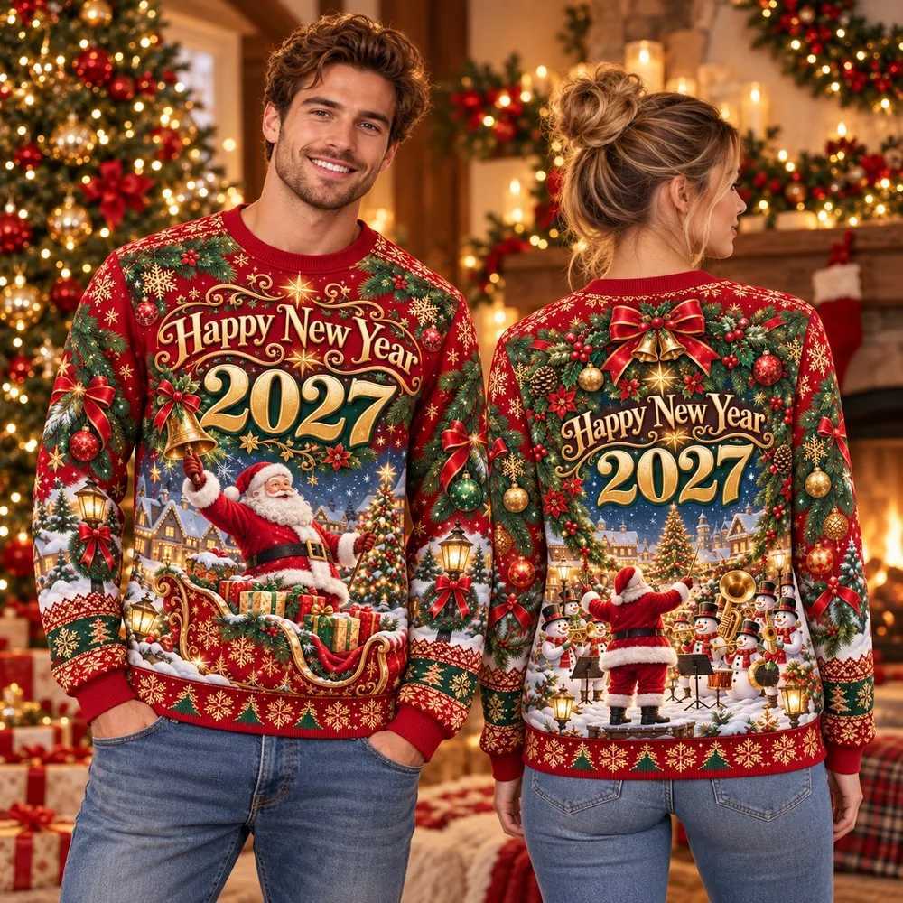 Santa Bell Ugly Christmas Sweater for Happy New Year 2027 Family Parties Winter Sweaters with Snowy Sleigh Gift Graphics T261019