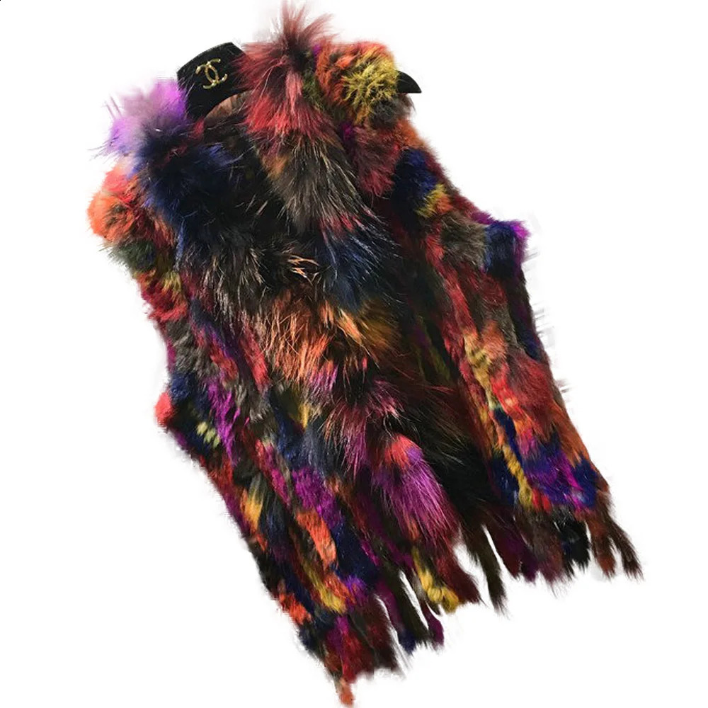Fashion Womens Knitted Rabbit Fur Vests with Raccoon Fur Collar Gilets High Quality Close-woven Waistcoat Plus Size 261014