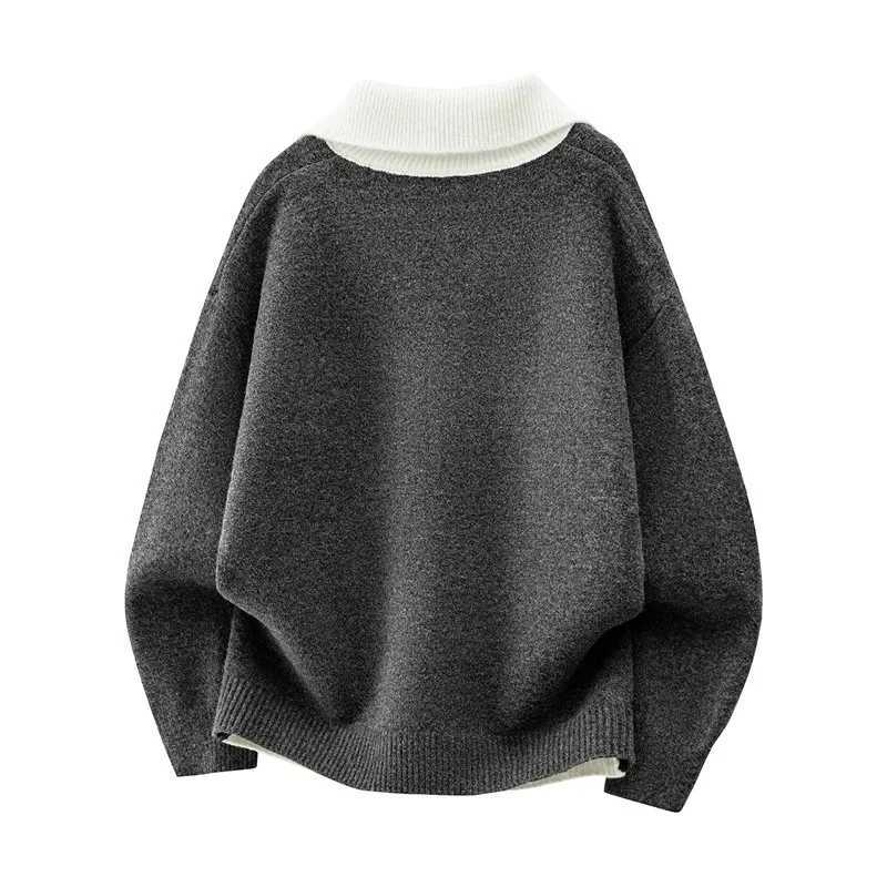 Cozy Men Autumn New Loose Versatile Fashion Top Doublar Fake Two Piece Sweater Lazy Relaxed Style Knitwear M261016