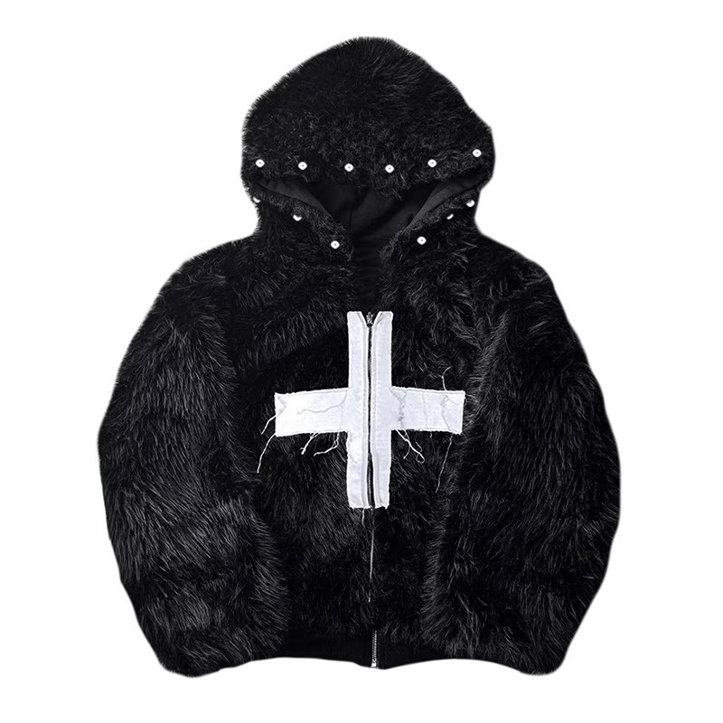 Mauroicardi Winter Short Soft Hairy Faux Fur Coat Men with Hood Rivet y ner Punk Style Clothes Fluffy Jacket y261008