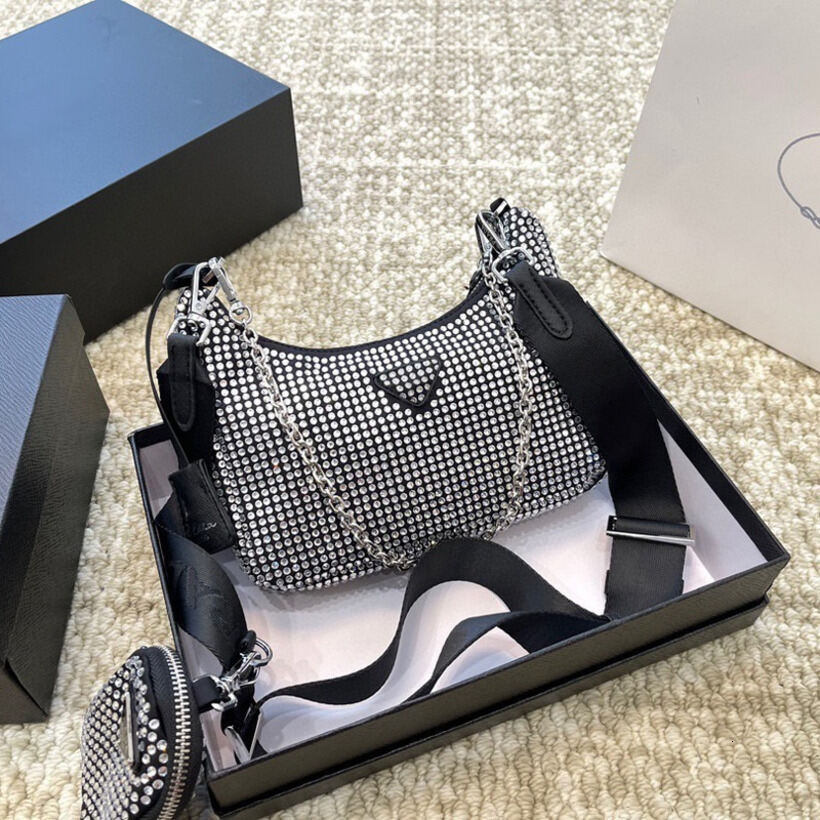 Designer luxury Shoulder Bag Women Genuine Leather geometric pattern Rhinestone Crystal Hobo Purse With Chain Bag With Detachable Mini Pouch Party E