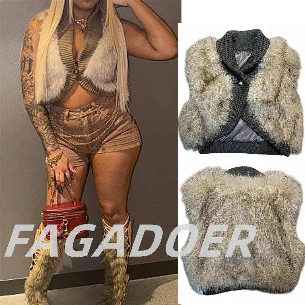 FAGADOER Sexy Knit Fur Patchwork Vest for Women Solid Color Retro American Sleeveless Crop Jackets Female Streetwear Clothing 261014
