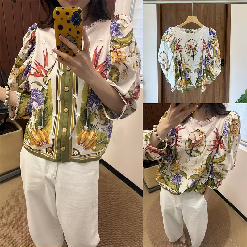 Fashion Print Women Two Wear Ways Shirt Tops Long Sleeve Casual Loose 100% Cotton Ladies Single Breasted Blouse