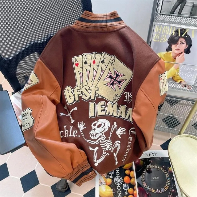 American Retro Letter Flocking Splicing Jacket Female Y2K High Street Fashion Hip-hop Loose Tooling Baseball Uniform Jacket 261015