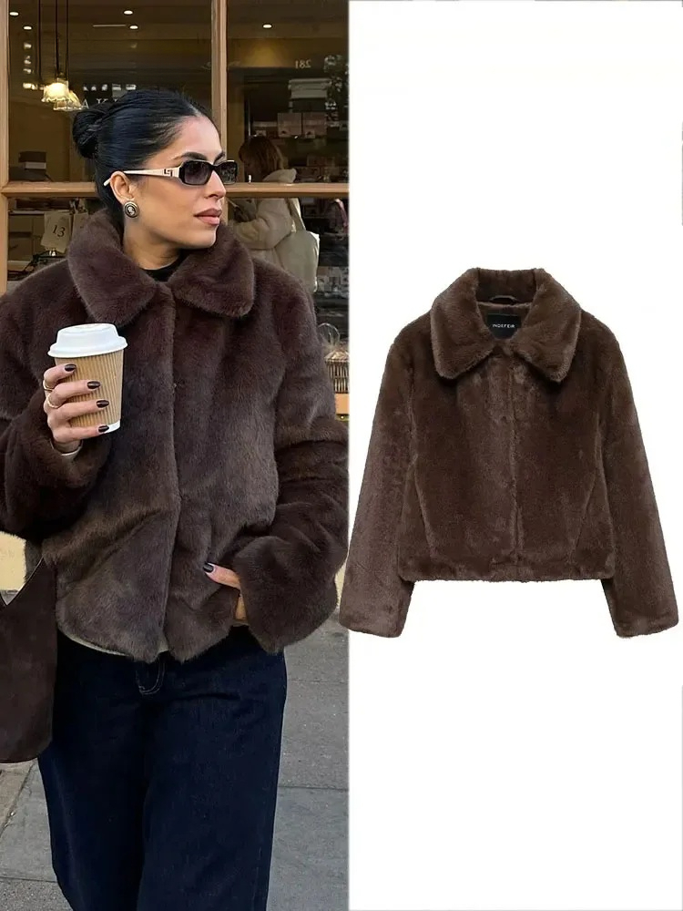 Winter Retro Brown Faux Fur Short Jacket Lapel Long Sleeve Single Chest Pocket Women S Chic Streetwear
