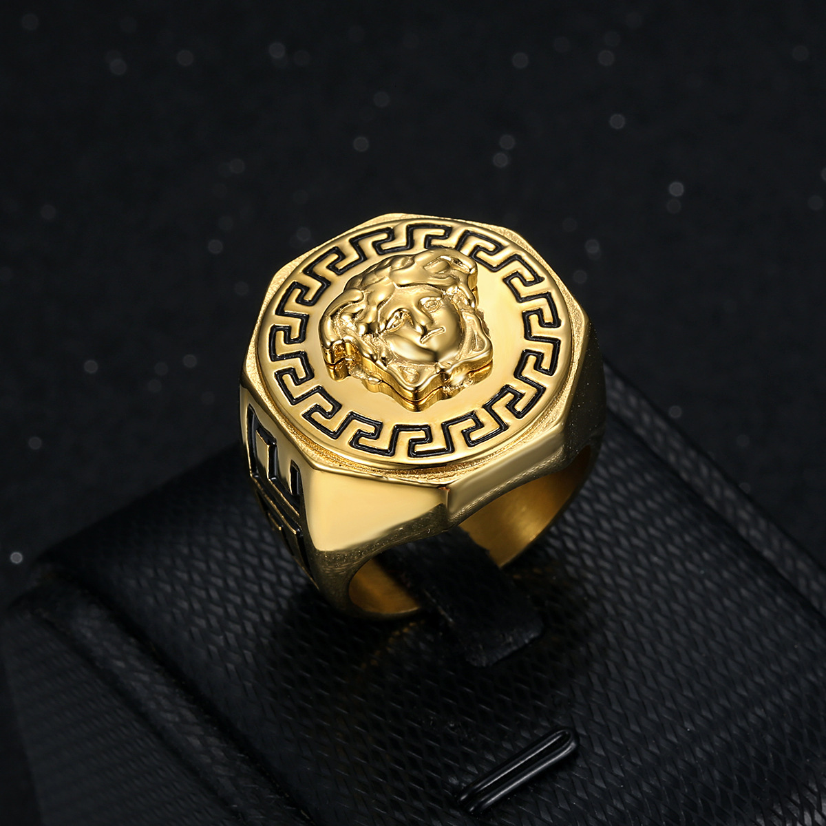 European and American Hot-Selling Hip-Hop Accessories Titanium Steel Gold-Plated Color-Retaining Greek Mythology Men's Ring In Stock Wholesale