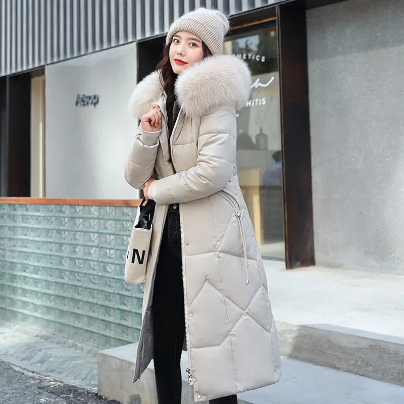 Womens Winter Jacket 2026 Midlength Fashion Slim Over Knee Fur Collar Thick Cotton Coat Elegant Gray Parka Woman Clothing 261019