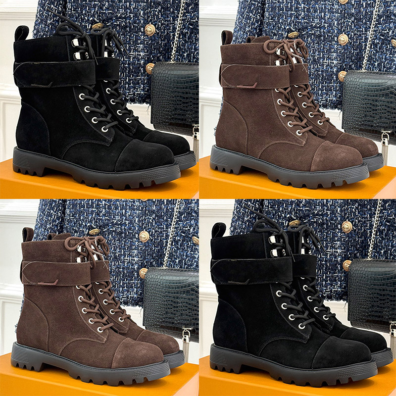 Designer Lady Suede Ankle Boots Toe Cap Splicing Luxury Metal Buckle Decoration Lace Boot Side Zipper Outdoor Leisure Outfit