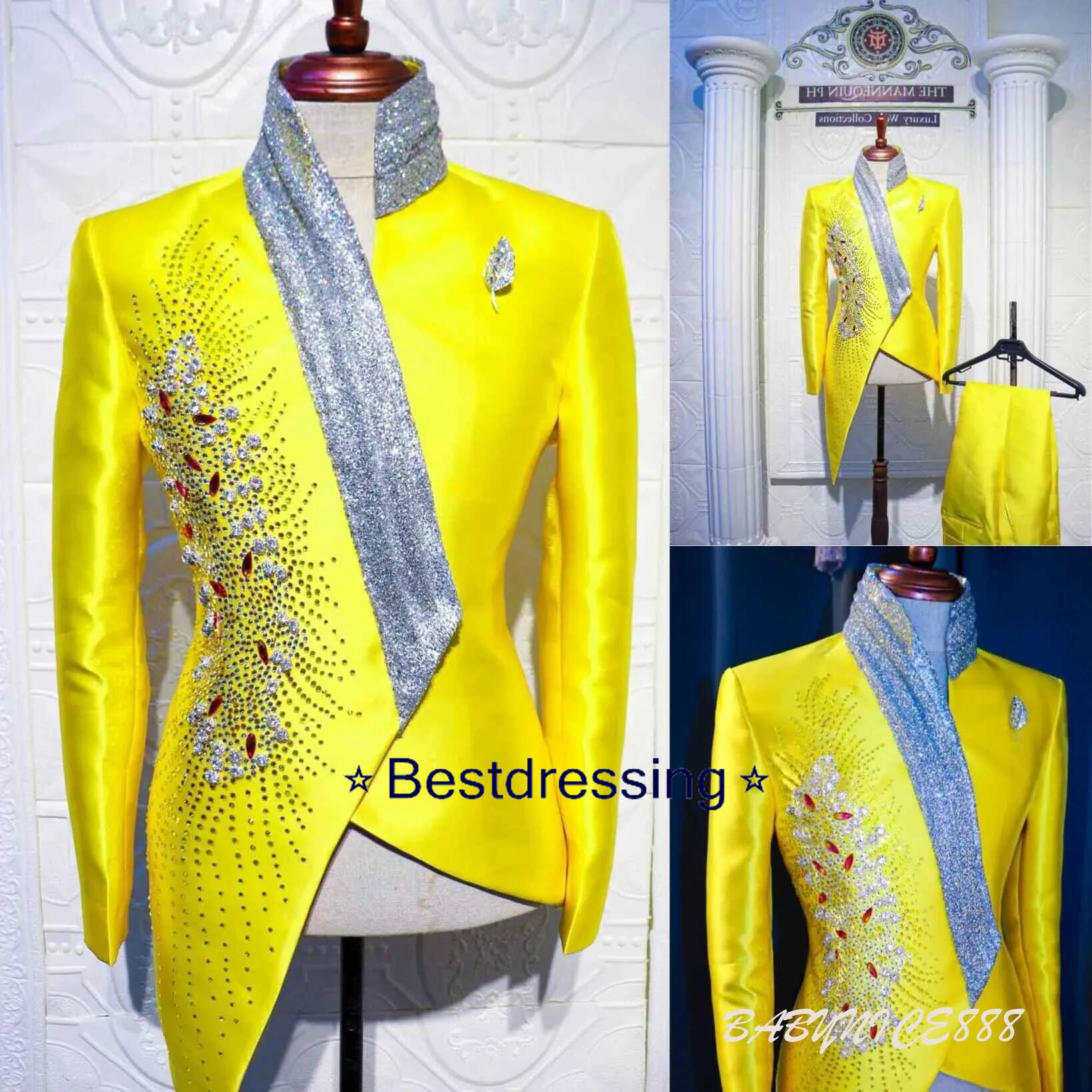 Fashion Yellow Wedding Tuxedos Unique 2 Piece Set Jacket Pants Men Suit Designer Formal Groom Wear Party Suits Customized Bd019
