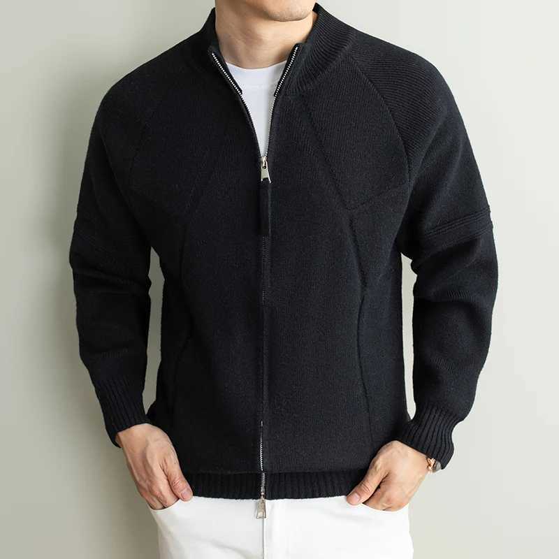 double zipper semi high Fashion neck knitted cardigan men's new winter thicken warm soft comfort solid color sweater coat M261016
