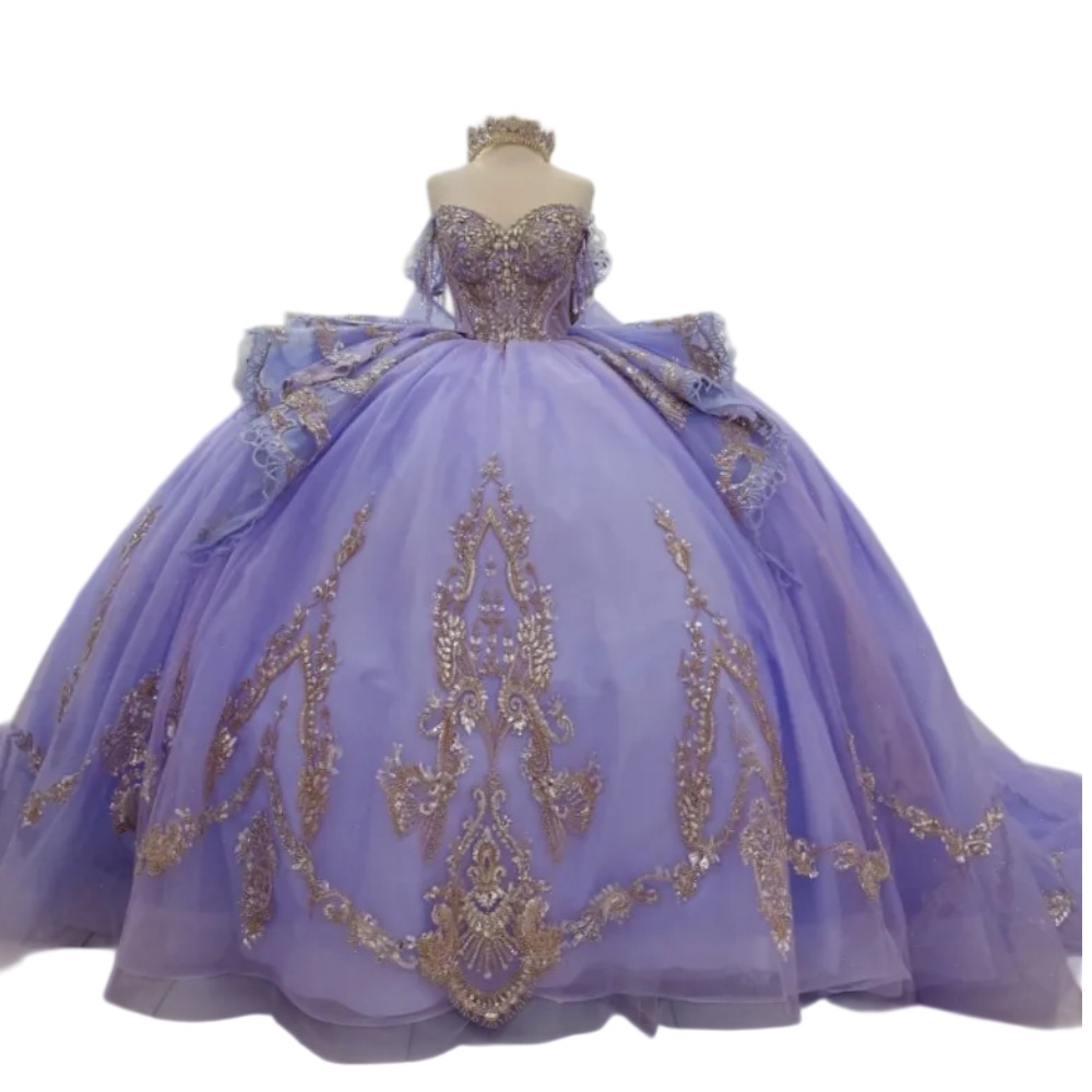 Sexy Lilac Lavender Quinceanera Dresses Ball Gown Off Shoulder Gold Sequined Crystal Beads Lace Appliques Sweet 16 Party Prom Evening Gowns Corset B