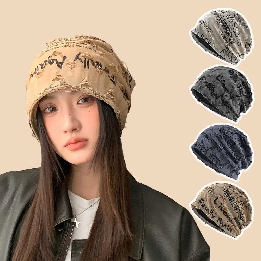 Beanie/Skull Caps Letter Print Beanie Hats For Women Men Vintage Distressed Cracked Design Wasteland Style Spring Summer Warm Fleece-lined Winter Q2