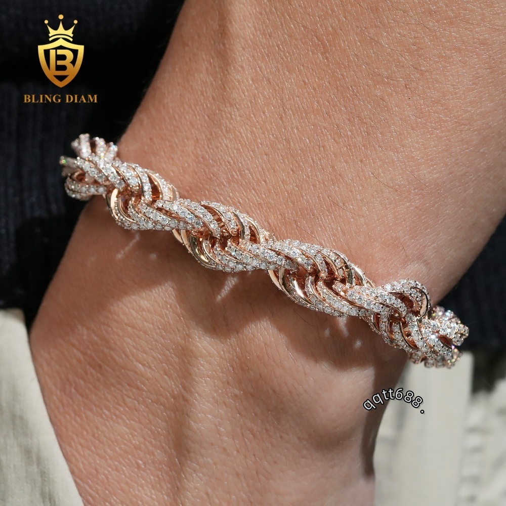 10mm Twisted diamond Rope Chain Diamond Bracelets 925 Silver Chain Moissanite Bracelet Cuban Chain Vvs Moissanite Bracelets Men