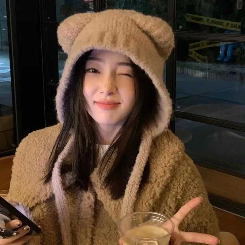 Beanie/Skull Caps Winter Plush Beanies Cute Bear Ear Wool Hat Warm Lace-up Gorros Knitting Cap Women Bonnets Protection Korean Ear Knit X4L2 Q261017