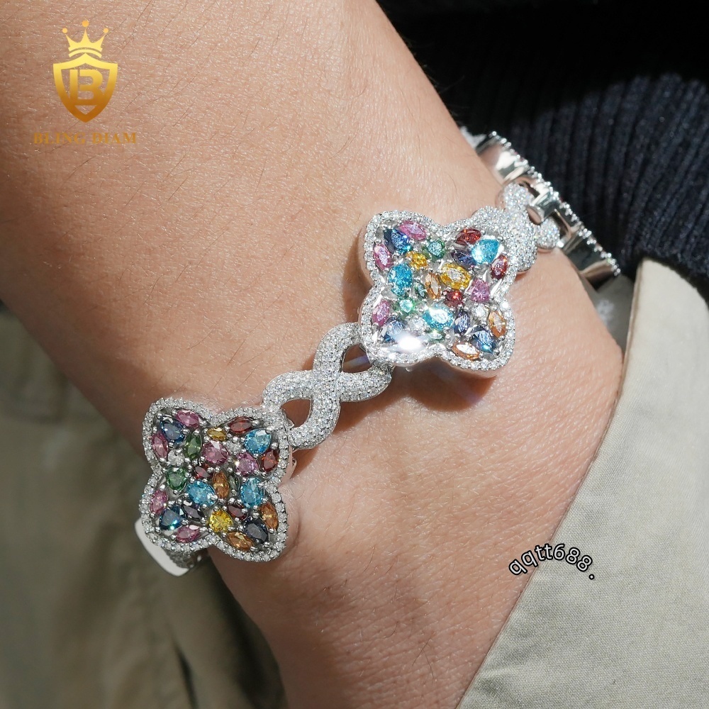 Colorful Clover 2mm Diamond Bracelets 925 Silver Chain Moissanite Bracelet Cuban Chain Vvs Moissanite Bracelets Men