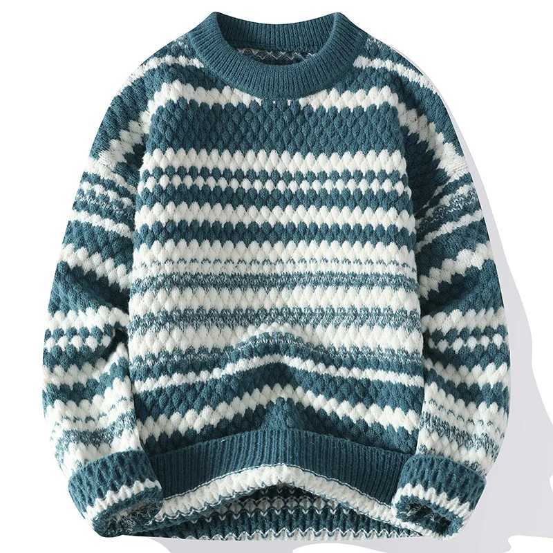 Male Loose Pullover Winter Men's Slim Fit Fashion Knitted Sweater Man Thick Warm Pull Homme Retro Stripe Sweaters M261016