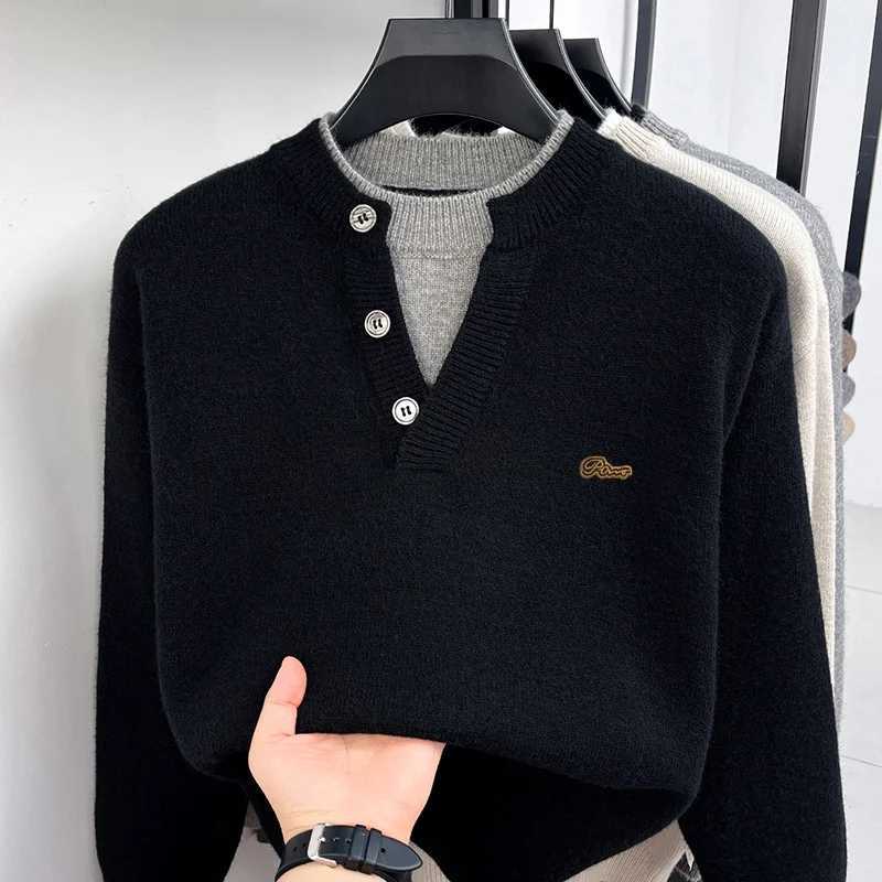 Knitwear Fashion Sweater Mens Long-Slved Button False Two-Piece Color Blocking Pullover Classic Leisure Hot-Selling for Men M261016