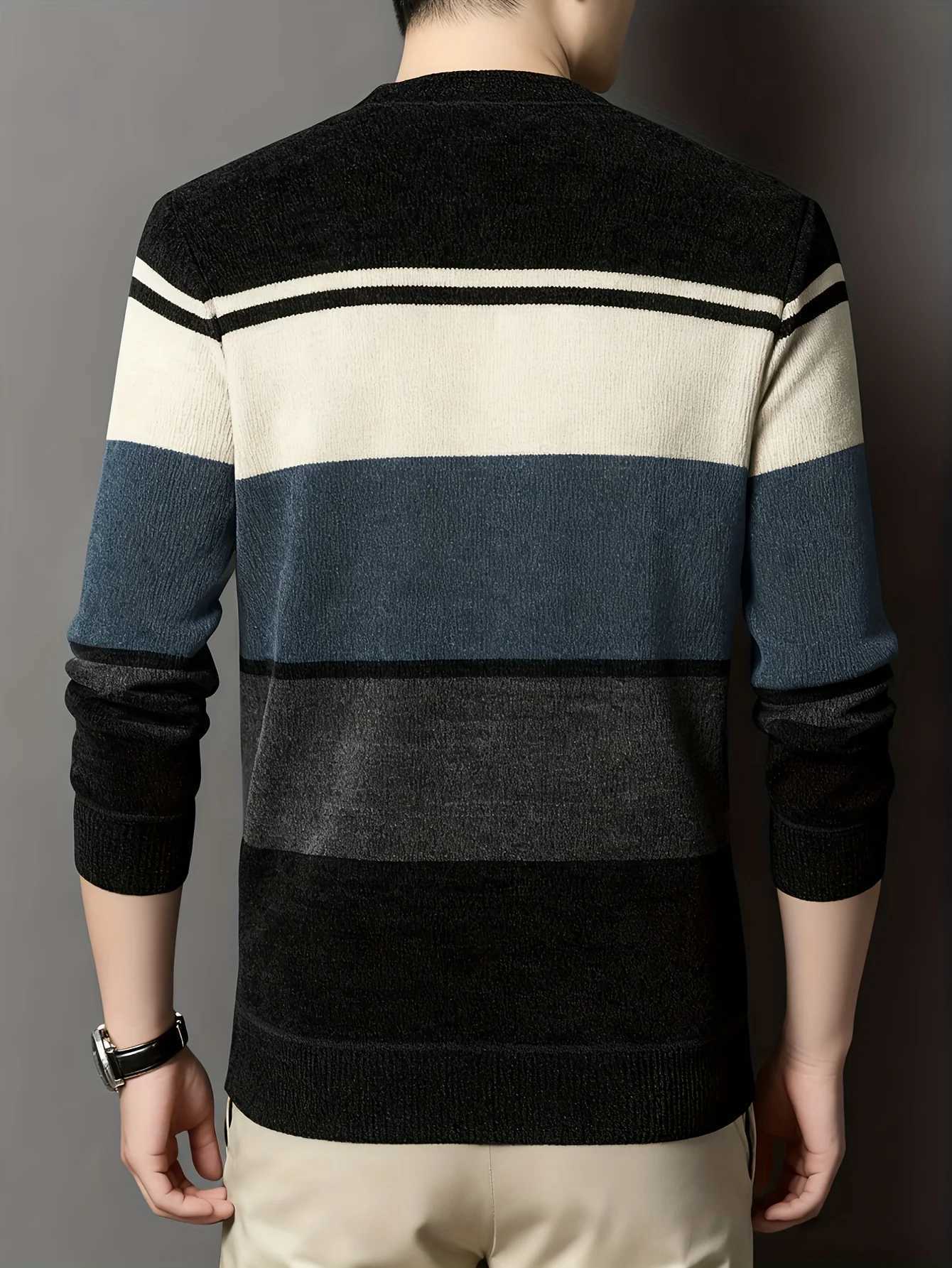 Knitted LVLAEA Trendy Autumn Winter Pullover Men's Striped Letter Embroidery Long Slve Round Neck Old Money Style Casual Top M261016