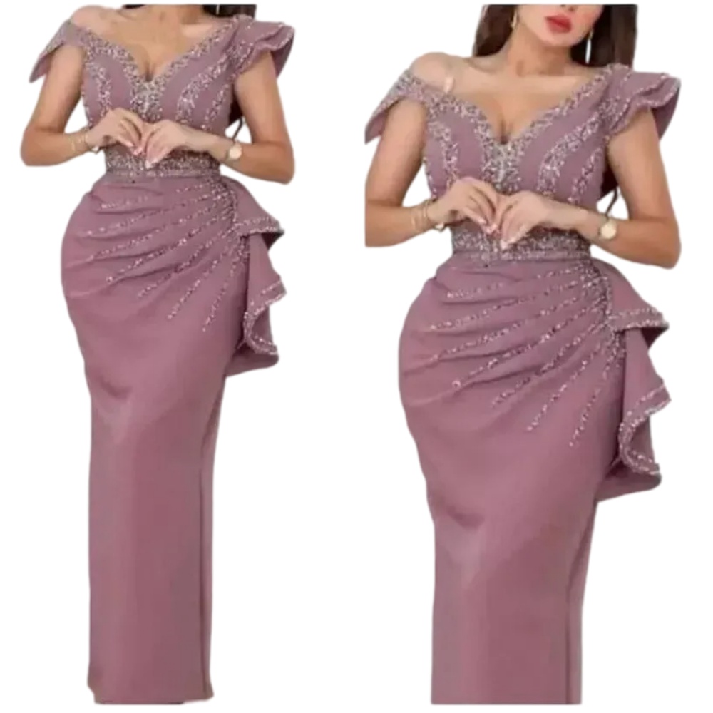 Dusty Pink Sexy Evening Dresses Wear Crystal Beads Off Shoulder For Women Pleats Sheath Ruffles Formal Gowns Special Occasion Gowns Plus Size Availa