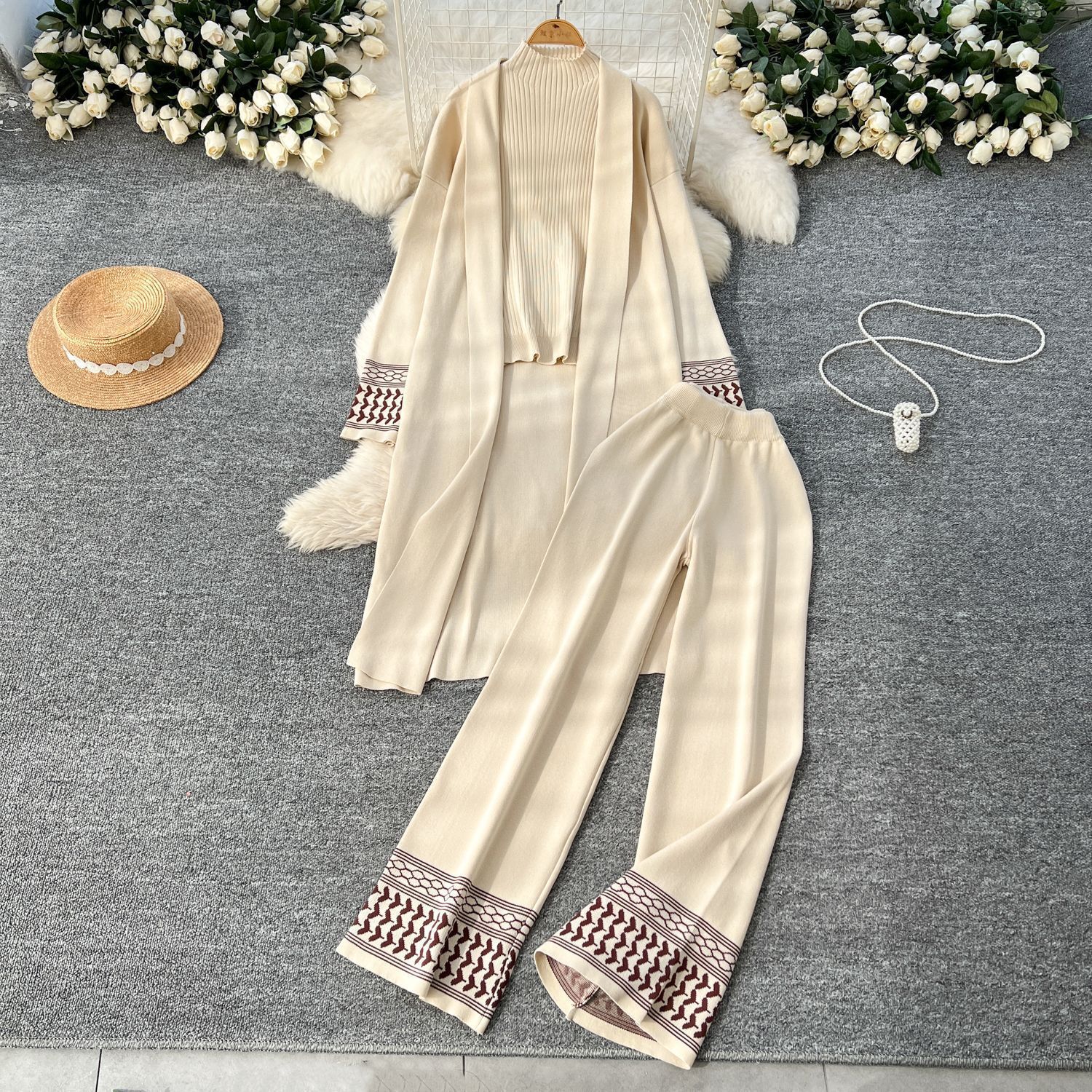 Womens Three Piece Jacquard Knitted Set With Shawl Coat Round Neck Shirt And Wide Leg Pants Long Sleeve Warm Casual Outfit For Women Autumn Daily We