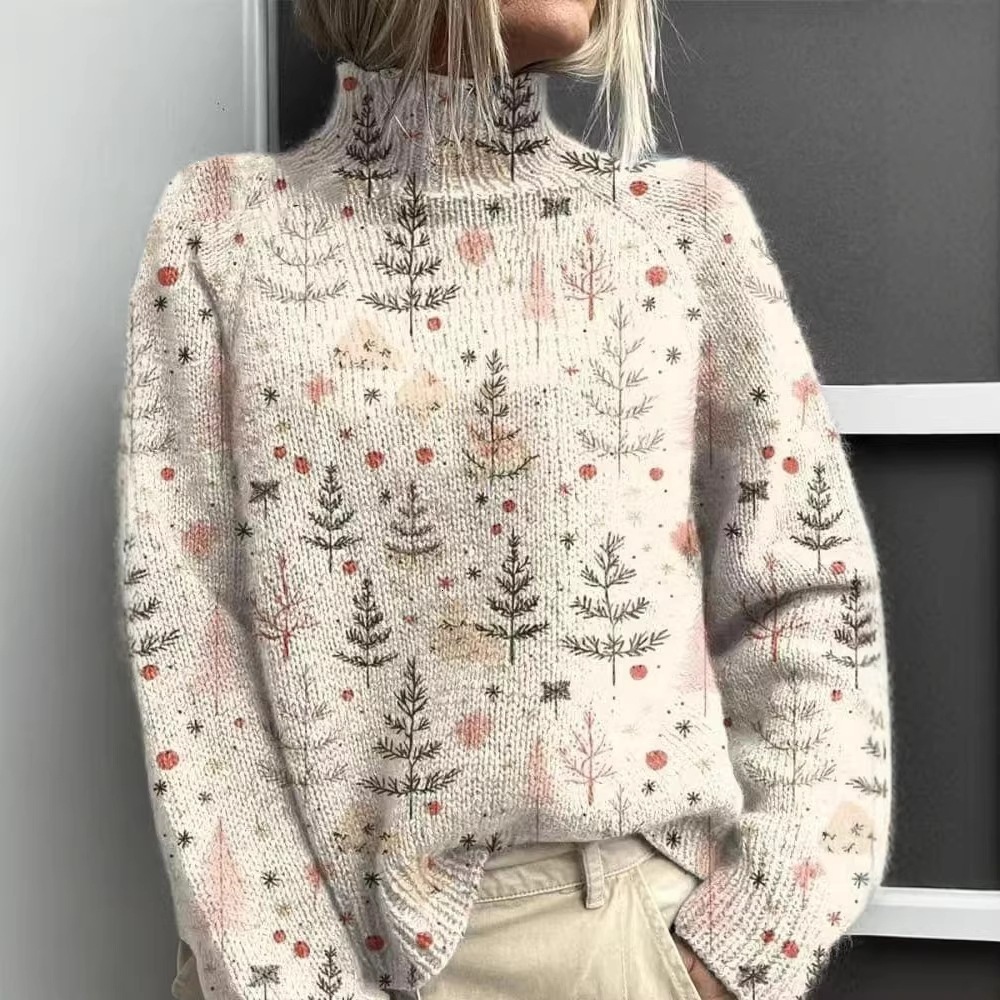 Women Autumn Winter Christmas Tree Print Turtleneck Sweatshirt Warm Loose Fit Soft Comfort Casual Daily Holiday Party Long Sleeve Top