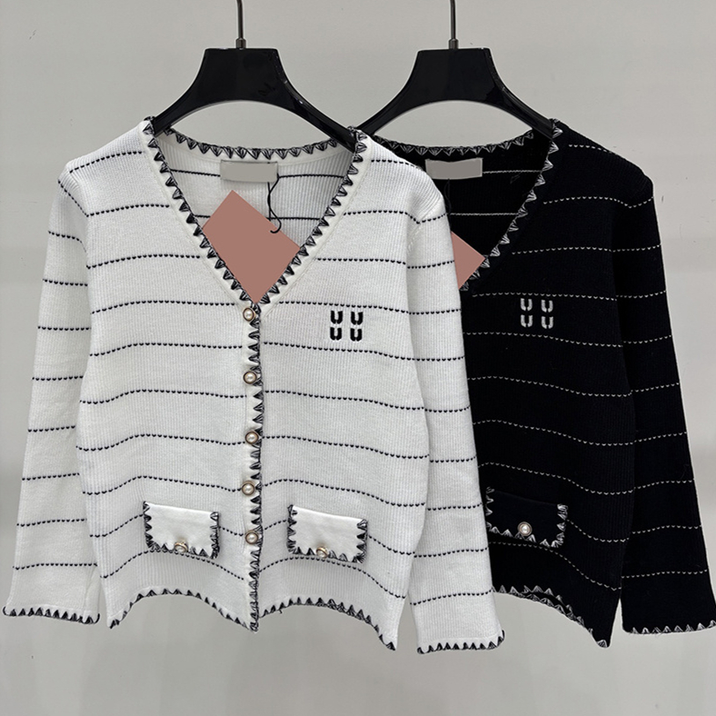 Elegant Women V Neck Knit Cardigan Designer Striped Embroidery Piping Pearl Button Outwear Autumn Meeting Wedding Chic Knit Coat