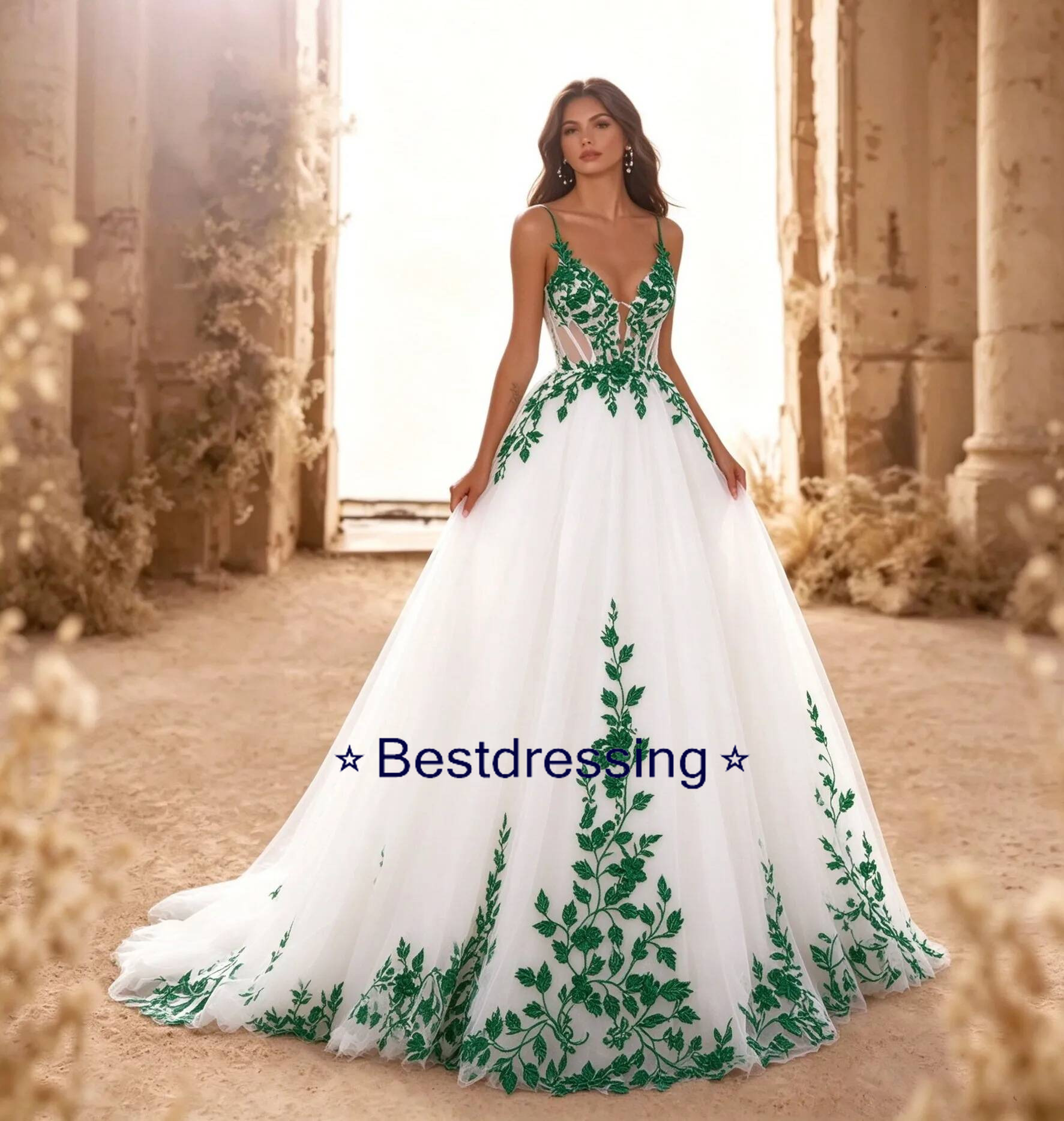 Boho White Tulle Wedding Dress Spaghetti Strap V Neck Green Leaf Lace Appliques A Line Bridal Gown Floor Length Train Beach Bride Formal Wear Custom