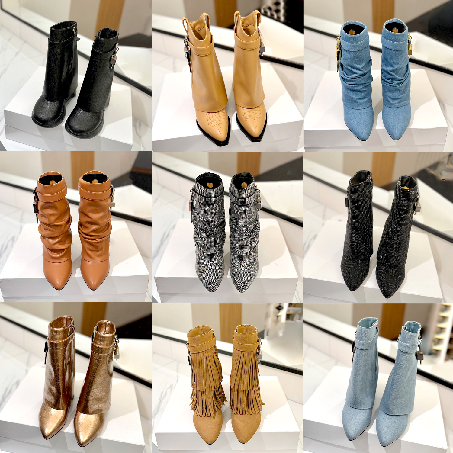 Fashion Ankle sharks Boots Women Genuine Leather Short Boot Platform Knee High Boots luxury Designer rhinestone Zipper Suede High Heel Mid calf boot