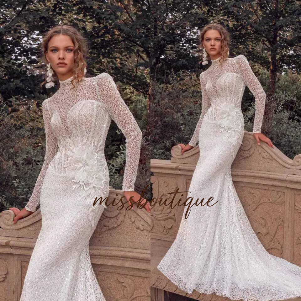 Customized Mermaid Wedding Dresses Beach Boho Illusion Lace Appliques Long Sleeve Bridal Gowns Formal Bride Dress Q017