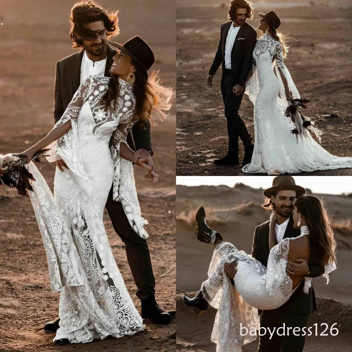 2026 Bohemian Wedding Dresses with Long Sleeves Lace Applique Mermaid Bridal Gowns Backless Vintage Country Style Robes De Mariee
