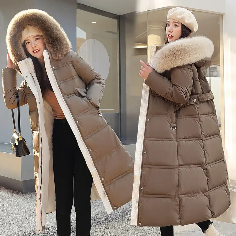 2026 Winter Down Cotton Parkas Jacket Womens XLong Faux Fur Collar Padded Jacket Thick Loose Large Size Padded Jacket 261019