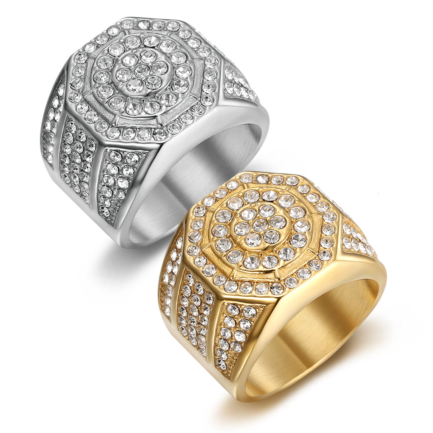 European and American Wish Hot-Selling Luxury Men's Ring, Elegant Full Hip-Hop Steel Titanium Octagonal Diamond Ring