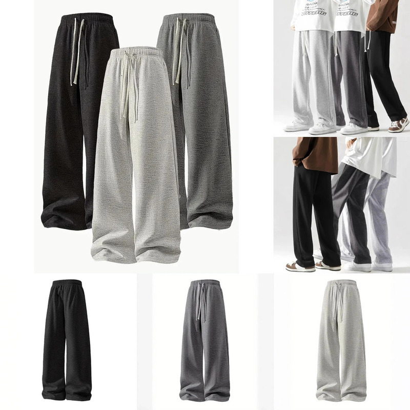 Mens Pants Pack Drawstring Fashion Man Sweatpants Solid Color Casual Straight Linen Loose Trousers Summer Baggy
