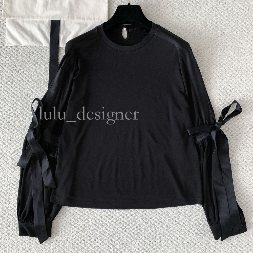 Designer knitted top women New Black Long-Sleeved T-Shirt For Women Featuring Round Neckline Tie Details And Stylish Slim-Fit Design With Cut-Out Sl