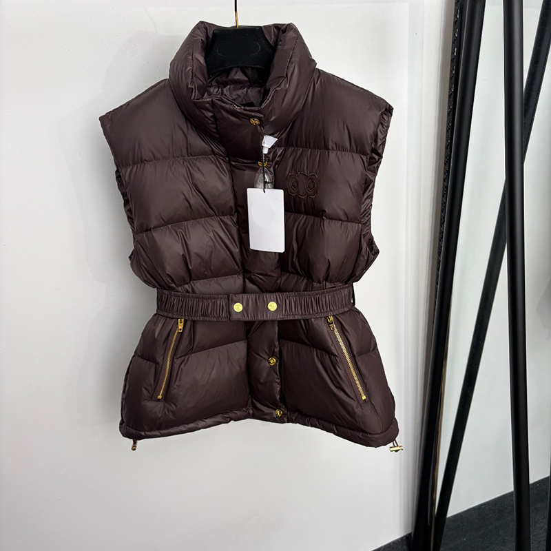 Designer Women Retro Puffer Vest Sleeveless Stand Collar Waist Belt Gilet Autumn Winter Warm Casual School Office Date Outwear