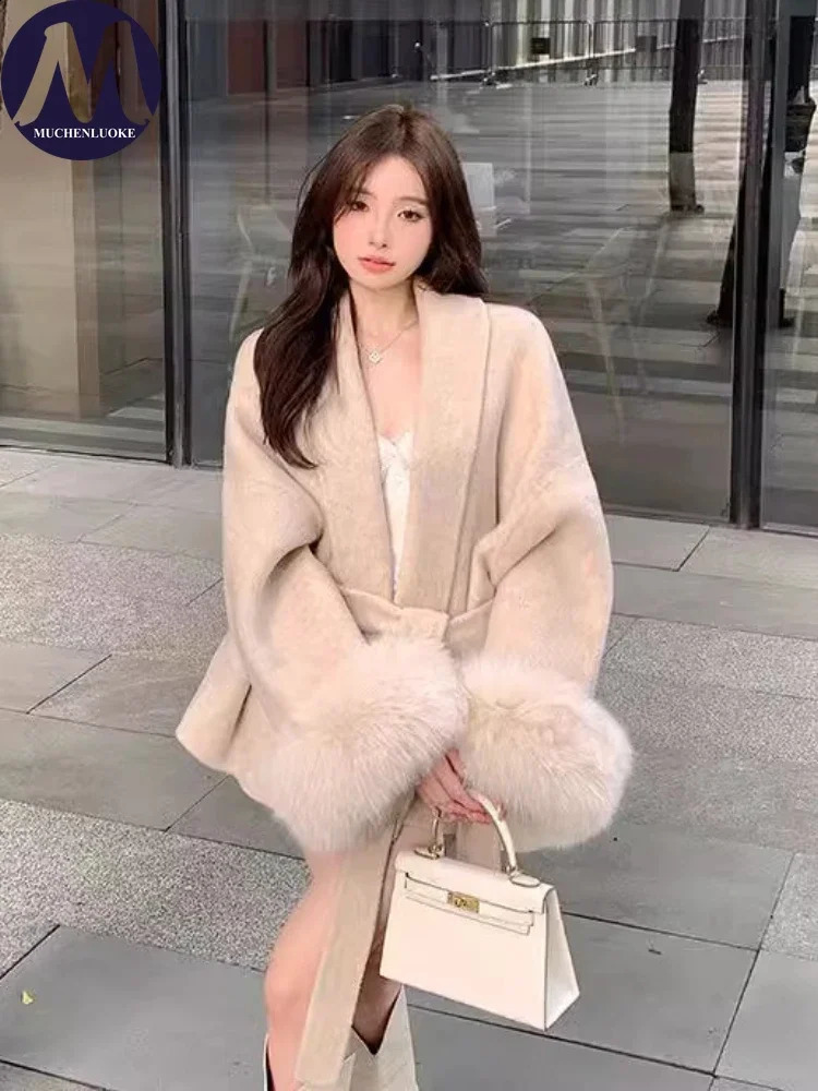 Coats for Women Autumn Winter Elegant Long Sleeves V Neck Lace Up Woolen Coat Korean Fashion Casual Loose Street Trends Coat 261015