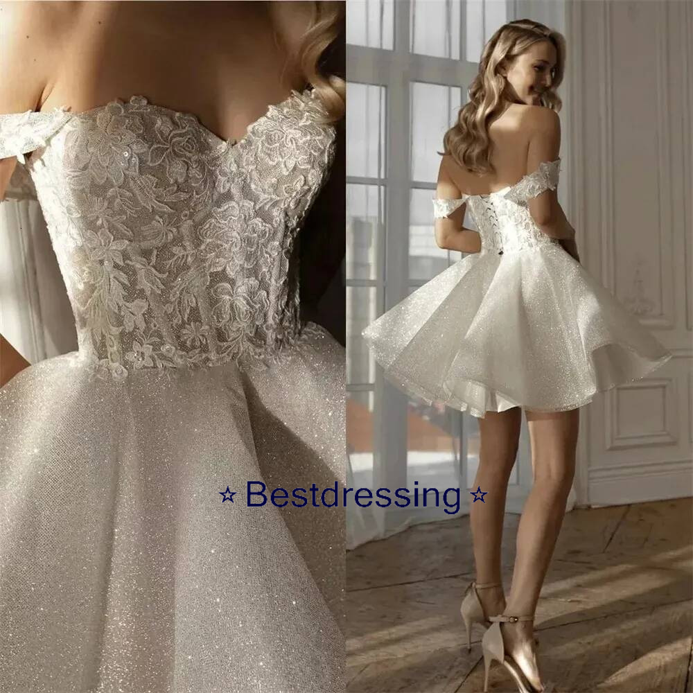 2026 Glitter Short Wedding Dresses Sweetheart Lace Appliques Sequins Mini Bridal Formal Party Gowns Bride Dress Vestidos De Noiva Bd019