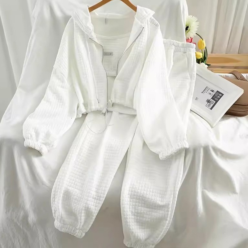 Womens Two Piece Waffle Zip Up Sportswear Set Long Sleeve Top And Pants Solid Color Casual Outfit For Women Summer Plus Size Japanese Korean Style S