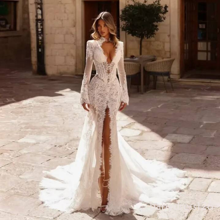 Sheer Lace Deep V Neck Boho Wedding Front Split Long Sleeves Bridal Gown Outdoor Ceremony Floor Length Sexy Bride Dresses