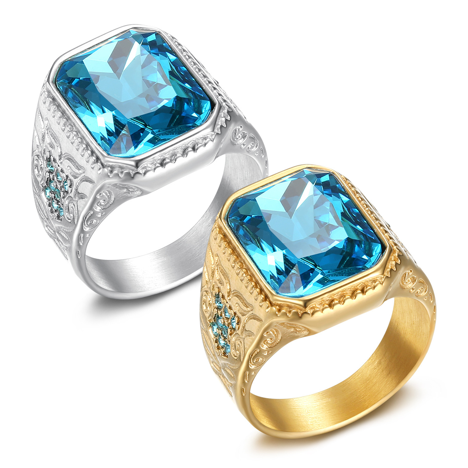 New popular hip-hop for sales in Europe and America - Titanium steel gold-plated men's ring with ice blue glass gemstone