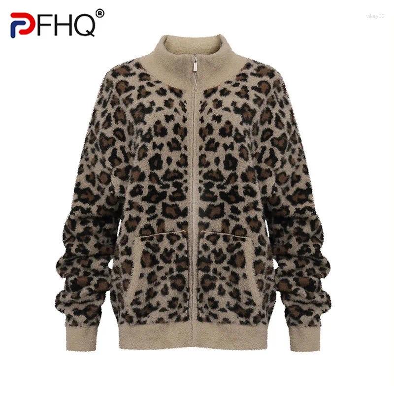 American Retro Leopard Knit Cardigan Stand Collar Zipper Loose Knitwear Autumn Winter Male Warm Sweater Coat 21P5421