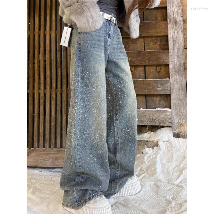 High-quality American-style Plus-size Retro Full-sky Rhinestone Jeans For Women Fashion Floor-length Pants With Design Sense