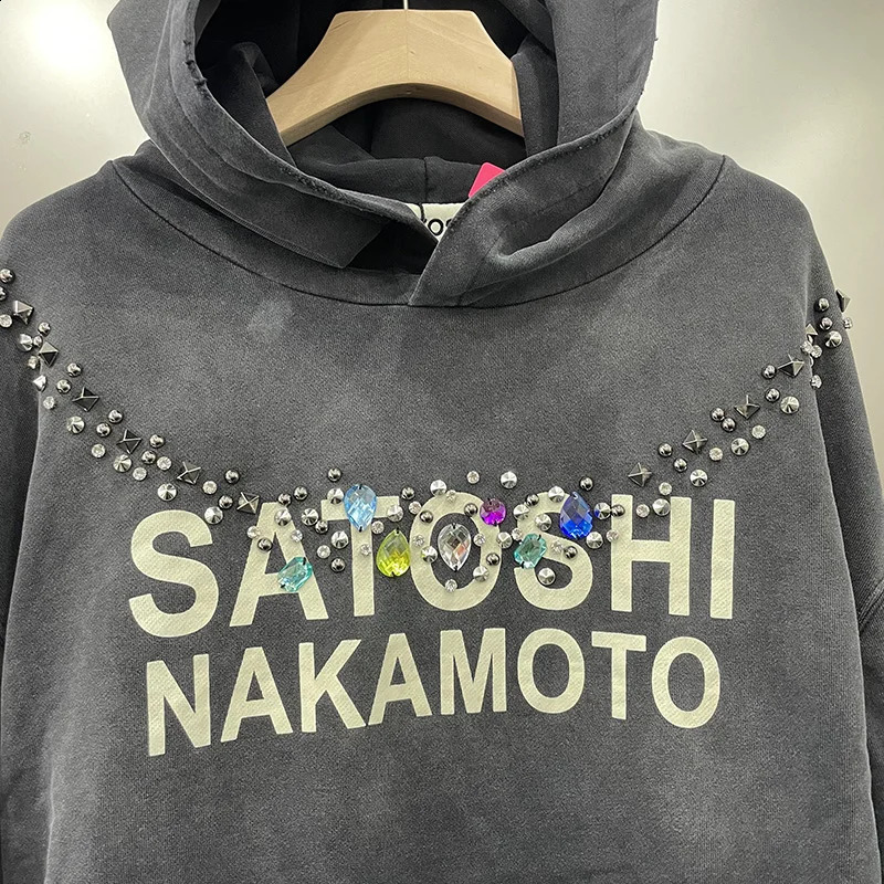 26FW 100% Cotton Oversized Rhinestone Rivet Pullover Hooded Men Women Washed Black Letters Satoshi Nakamoto Hoodie Tags 261014