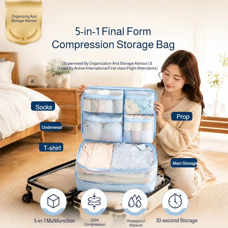 5-In-1 Self Compression Storage Bag Portable Travel Packing Cubes Ultra Space Saving Washable Clothes Compartment Organizer Bag 261019
