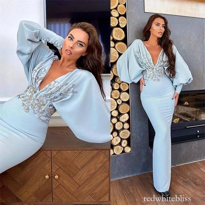 Light Blue Mermaid Evening Dresses Sexy V Neck Long Sleeves Prom Dress Ruffle Satin Sweep Train Formal Party Gowns Custom Made