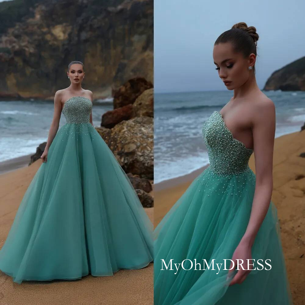 Green Strapless Prom Dresses Illusion Beaded Floor Length Party Ball Gowns Custom Made Women Formal Evening Dress Y016